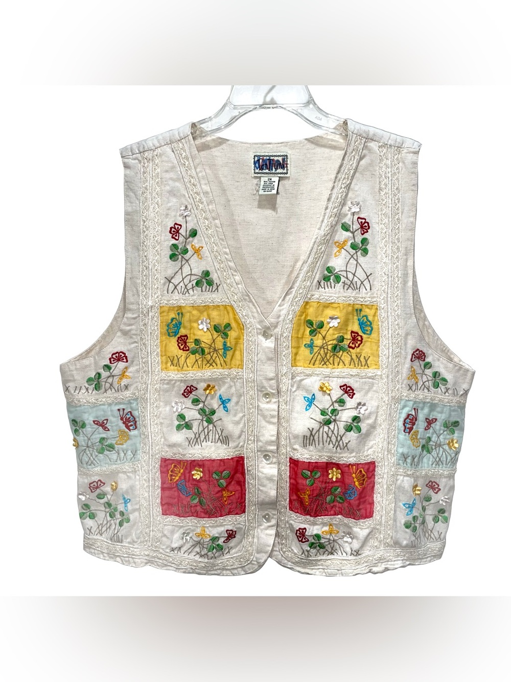 VTG TANTRUMS Floral Vest 2X Embroidered Patchwork VNeck Linen Lace Garden Twee